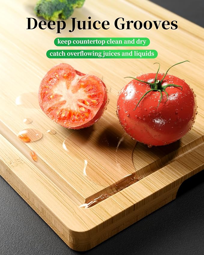 Kitchen Cutting Board Set - 3-Piece Wooden Cutting Boards for Kitchen with Juice Groove, Handles, Hang Holes, Stylish Kitchen Essentials for Chpping & Serving, Natural, 0.4"Th - (L+M+S)