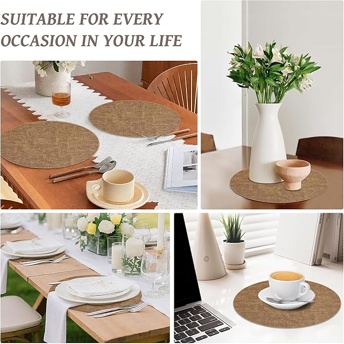 13" Round Placemats Set of 8, Reversible Faux Leather Heat Resistant Table Mats, Waterproof Oilproof Wipeable Table Protective Placemats for Vinyl, Washable for Indoor & Outdoor Use (8, Light Brown)