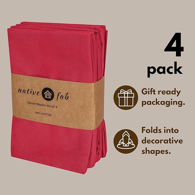 Native Fab Solid Cloth Napkin Set of 4, 100% Cotton, Washable, Reusable Dinner Cloth Napkin 17x17 inches, Table Decor Napkins for Dinner, Events, Red