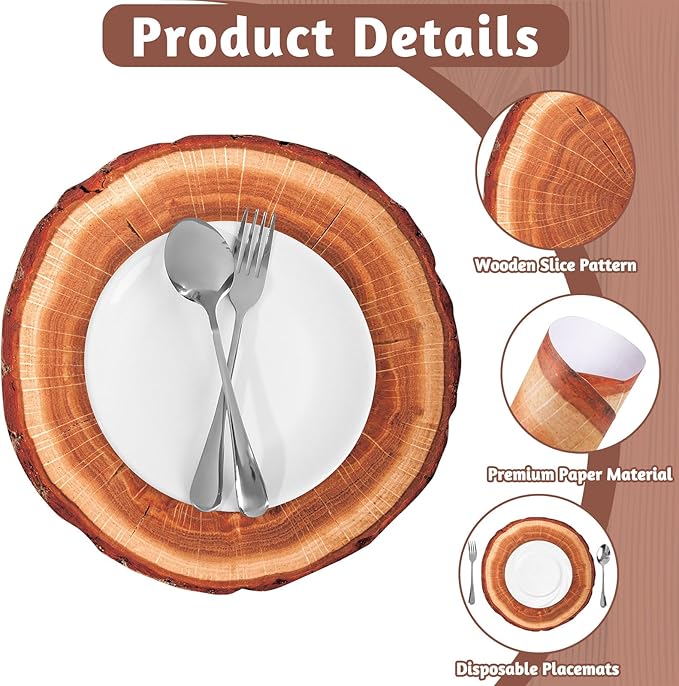 60 Pcs Wooden Slice Paper Placemats, 13.5 Inch Disposable Scalloped Table Mats Rustic Brown Placemat, Round Banquet Place Mats for Table Setting Farmhouse Wedding Banquet Dinner Party Decor