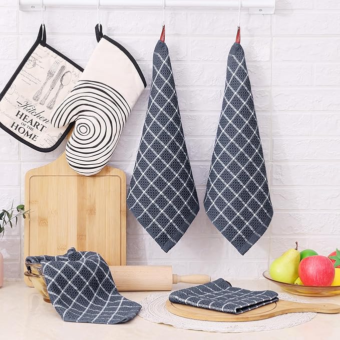 Homaxy 100% Cotton Dish Cloths, 12 Pack-12 X 12 Inches, Check Design Waffle Weave Dish Rags for Washing Dishes, Ultra Absorbent and Fast Drying Dishcloths, Grey