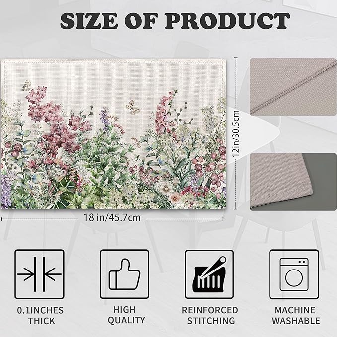 Placemats Set of 6,Wildflower Linen Table Mats Spring Floral Butterfly Heat Resistant Place Mats Washable Dining Table Mats for Indoor Outdoor Kitchen Decor Easy Clean 12 x 18 Inch