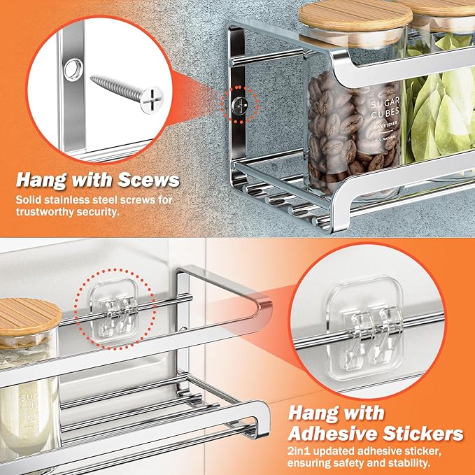 Bunoxea Spice Rack wall mounted 2 Pack, Space-Saving Spice Organizer for Spice Jars and Seasonings,Screw or Adhesive Hanging Spice Rack Organizer for Your Kitchen Cabinet,or Pantry Door,Silver