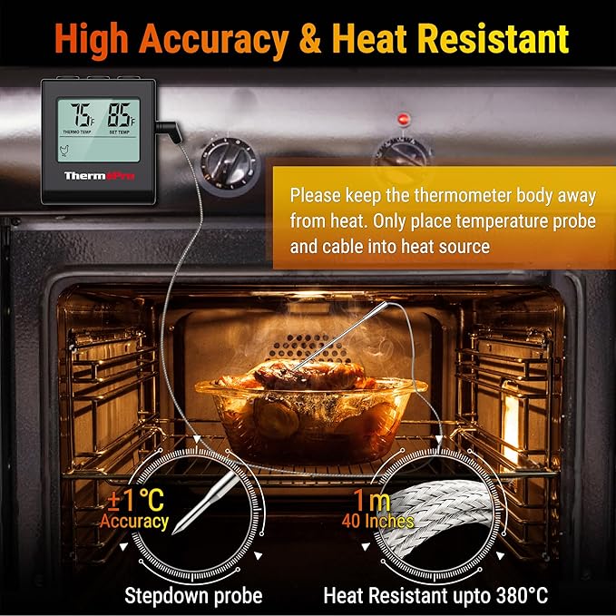 TempPro TP16H Large LCD Digital Meat Thermometer for Cooking, Smoking, Grilling, BBQ Food Thermometer with Clock Timer and Stainless Steel Probe, Black (Previously ThermoPro)