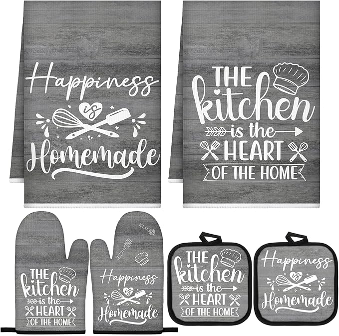 Sratte 6 Pcs Kitchen Decor Accessories Set Farmhouse Towels Pot Holders Oven Mitts Set 2 Dish Towels 2 Potholders 2 Cooking Mittens Oven Glove for Christmas Baking Cooking (Dark Gray)