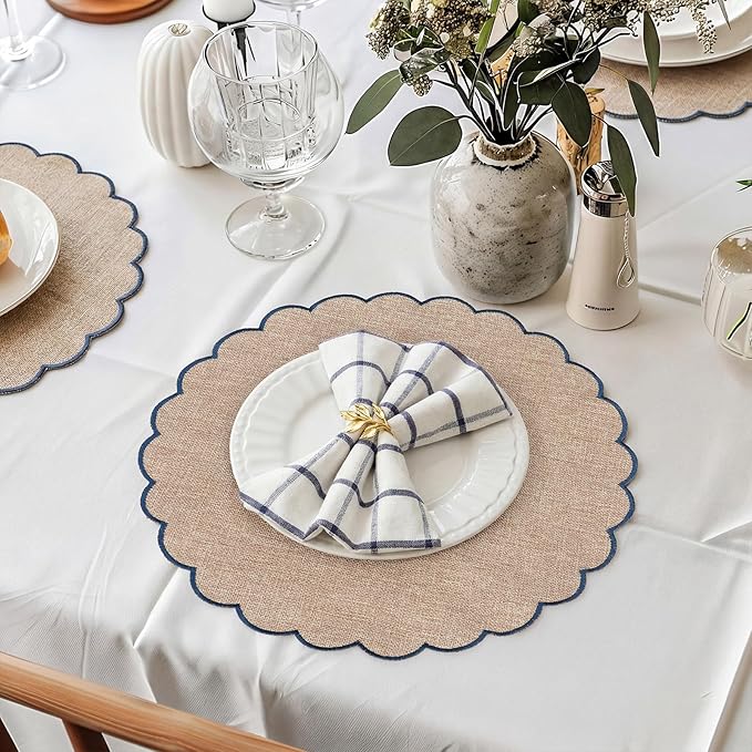 Set of 12 Blue Beige Cotton Placemats 15 Inch Round Scalloped Embroidery Placemats Washable Double Layered Rustic Table Mat Fabric Napkins for Wedding Table Decor