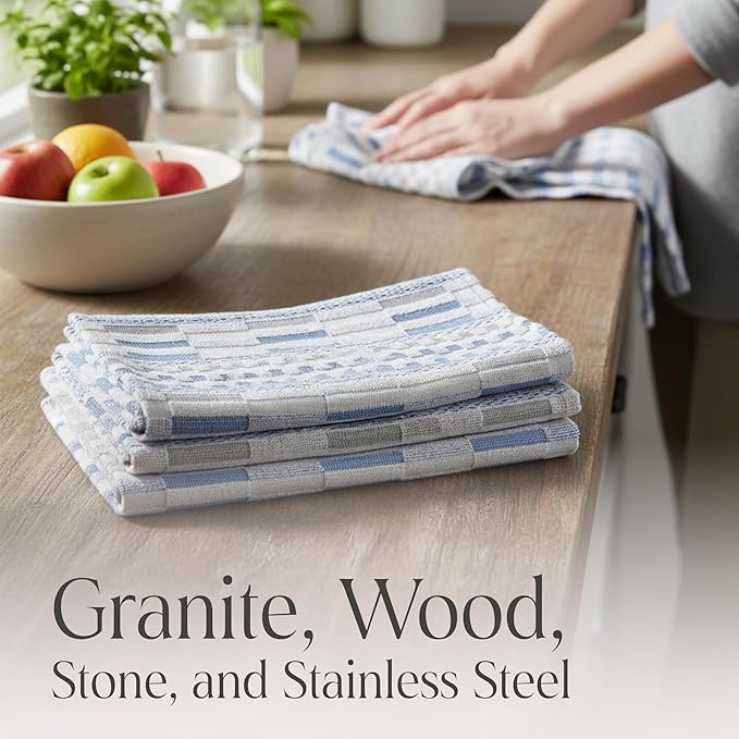 Delilah Home Sea Pines Kitchen Towels - 100% Organic Cotton - Stain-Resistant Multipurpose Dishcloths, Thick & Absorbent Hand Towels for Wiping, Cleaning & Drying Dishes - Sea Blue (4 Pack Set)