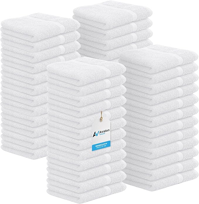 Avalon Towels Cotton Washcloths – (Pack of 48) Size 12x12 Inches, 100% Ring Spun Cotton, Soft & Absorbent Face Towels, Gym Towels, Hotel and Spa Quality, Reusable Fingertip Towels (White)