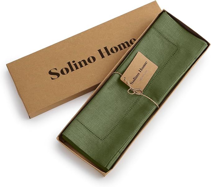 Solino Home Linen Cloth Placemats Set of 4-100% Pure Linen Hemstitch Olive Placemats 14 x 19 Inch - Classic Hemstitch Table Place Mats