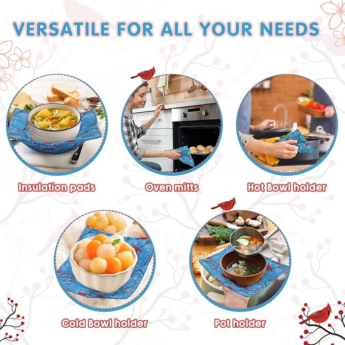 Cunhill 4 Pcs Cotton Microwave Bowl Cozy Holders for Hot Food Hot Pads Soup Bowl Potholders Heat Resistant Multipurpose Quilted Safe Holders for Kitchen Plate Supply(Teal Blue,Bird Style)