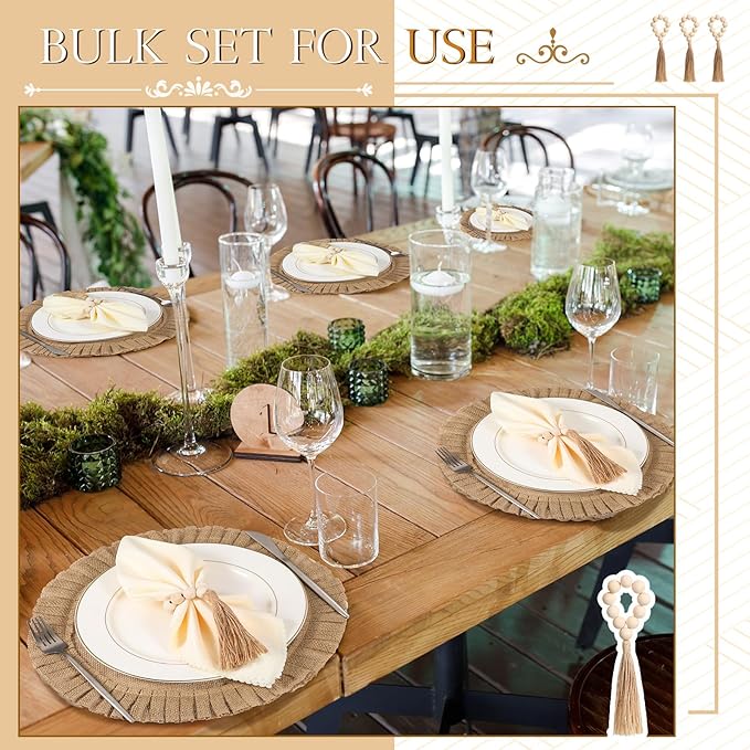Gejoy 18 Pcs Round Burlap Placemats Wood Bead Napkin Rings with Dinner Napkins Cloth, Jute Heat Resistant Placemats Boho Wooden Rings for Plates Wedding Dining Table