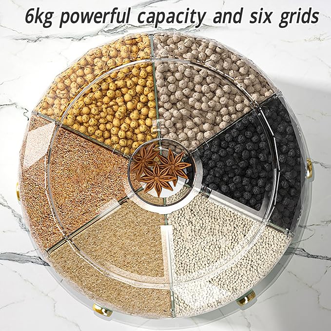 Grain Storage Container Rotatable Rice Dispenser Box 6 Grid Grain Dispenser 360 Degree Rotating Food Dispenser Cereal Dispenser Countertop for Beans Rice Grains(grey)