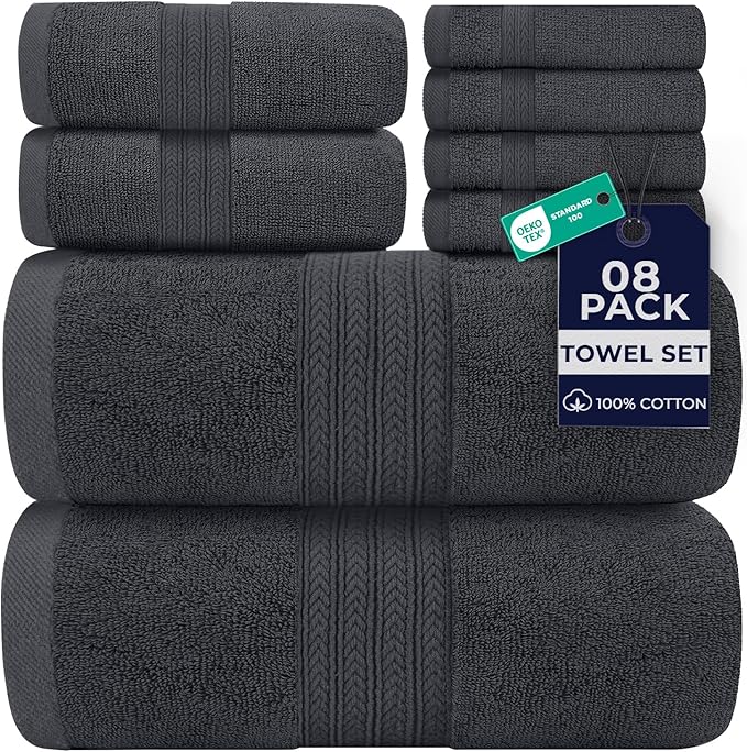 DAN RIVER 8 PC Luxury Bath Towels for Bathroom, 2 Bath, 2 Hand, and 4 Wash Cloths, 600 GSM 100% Ring Spun Cotton Towel Set, Highly Absorbent, Gym, Hotel, and Spa, Dark Gray