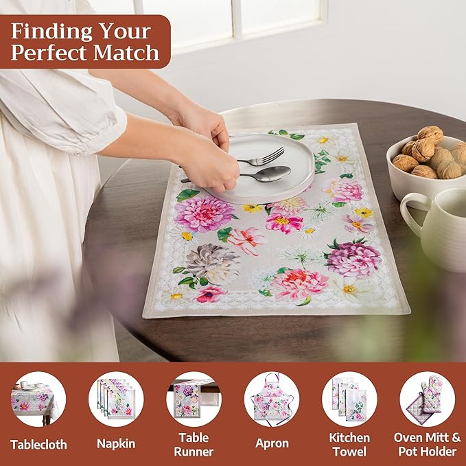 Maison d' Hermine Placemats Set of 4 100% Cotton Washable Cloth Place Mats Reusable Table Mats for Kitchen Dining Party Wedding Gifts for Mothers Day Spring/Summer (Pivoine, 13" x 19")