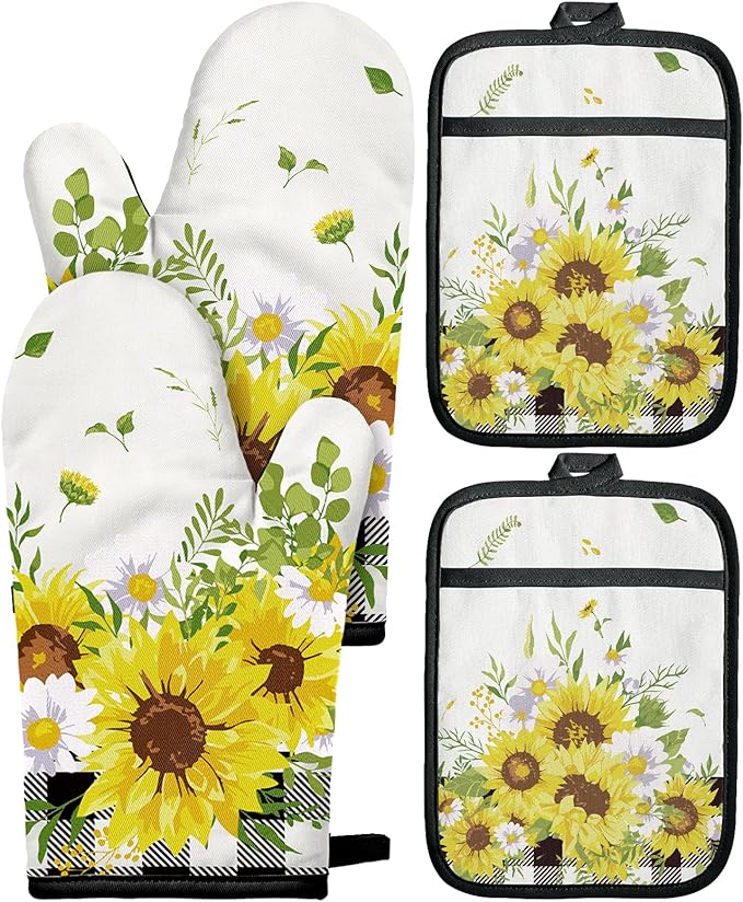 Miss Adola Cotton Oven Mitts and Pot Holders Sets - Quilted Lining Heat Resistant 4 Pieces Set with Hanging Loop Cute Farmhouse Boho Spring Kitchen Decor and Accessories, Plaid Sunflower