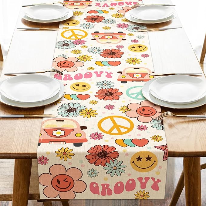 Groovy Hippie Daisy Flower Dining Table Runner, Vintage Bus Floral Peace and Love Burlap Kitchen Decoration, Retro Smiling Face Indoor Outdoor Home Decor Party Supply 13 x 90 Inches
