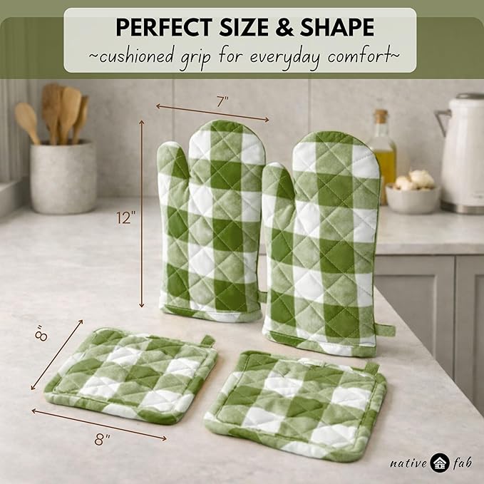 Native Fab Buffalo Plaid Check Oven Mitts and Pot Holders Set of 4, 100% Cotton Heat Resistant Kitchen Gloves, 2 Oven Mitts (7x13), 2 Pot Holders (8x8) for Cooking & Baking, Mint Green White