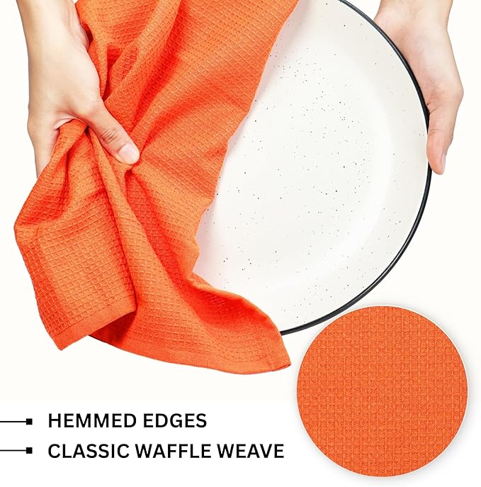 PurpleEssences Waffle Weave Kitchen Towel, 100% Cotton - 15x25 Inches with Hanging Loop, Ultra Soft Absorbent Quick Drying Dish Cloth, Tea and Hand Towels, 6 Pack - Spring Easter Summer - Orange