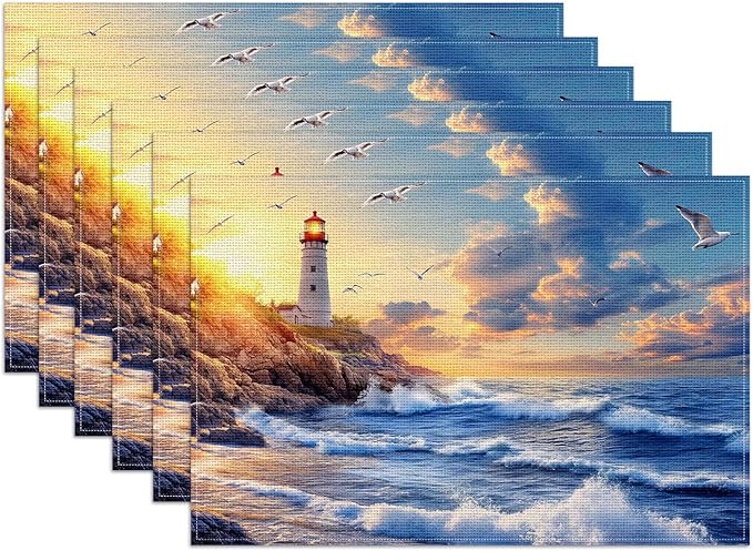 Lighthouse Placemats Set of 6,12x18 Inch Nautical Theme Linen Place Mat Washable Stain Resistant Table Mats for Spring Summer Seasonal Farmhouse Kitchen Party Home Decor