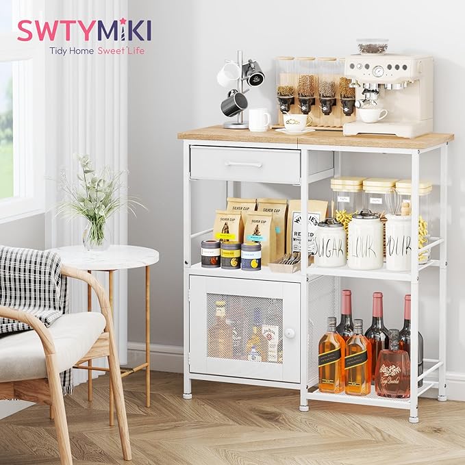 SWTYMIKI Coffee Bar Cabinet for Home - Farmhouse Coffee Stand Station Multi-Purpose Storage Cabinet with Adjustable Feet, Drawers - Kitchen Bar Table for Living Room, Corner, Small Space, Natural