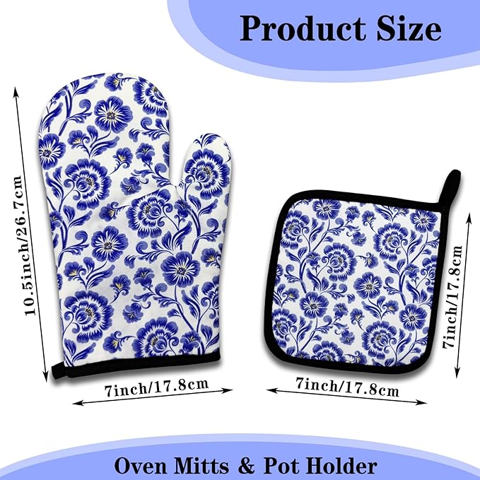 Funny Chinoiserie Floral Oven Mitts and Pot Holders Set of 3, Blue and White Porcelain, Heat Resistant Non-Slip Kitchen Mitts Hot Pads, Kitchen Decor Gifts for Women Baker Chinoiserie Lover