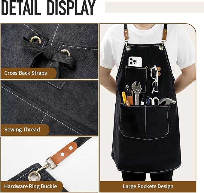 Aprons For Women Men With Large Pockets, Waterproof Cotton Chef Aprons For Cooking Server Grilling Bbq Kitchen