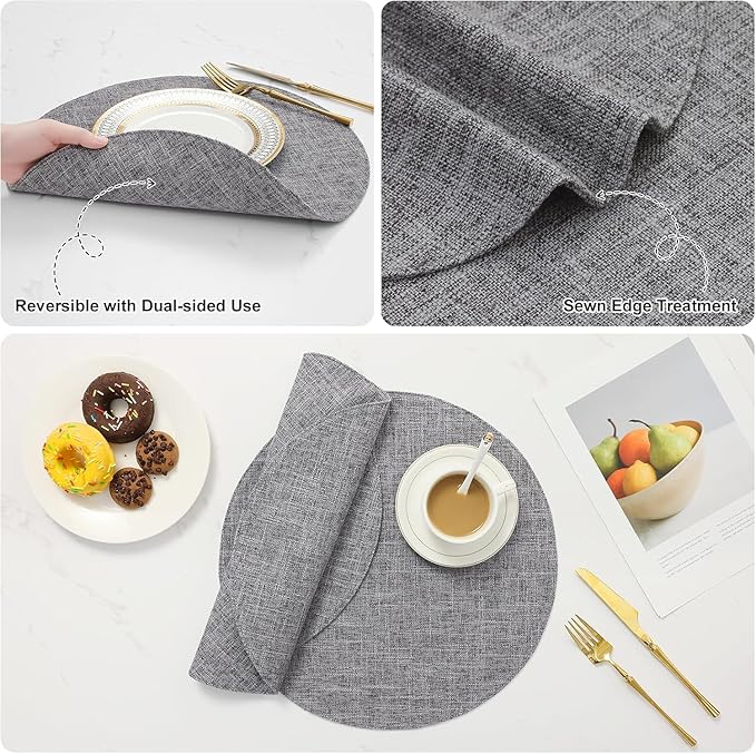 homing 15 Inch Round Cloth Placemats Set of 12, Cotton Linen Blend Washable Table Mats, Farmhouse Dining Place Mats for Indoors & Outdoors, Easy to Clean, Dark Grey