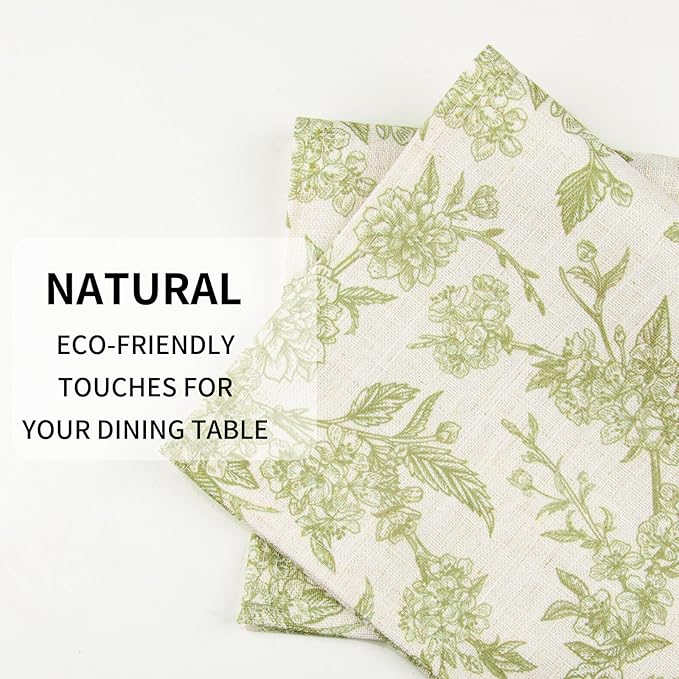 QIYI Boho Placemats Set of 4, 12x18 Inch Linen Fabric Floral Place Mats for Kitchen Dinning, Farmhouse Rustic Cloth Table Mats, Washable Placemat Party Table Décor, Green Botanical Art