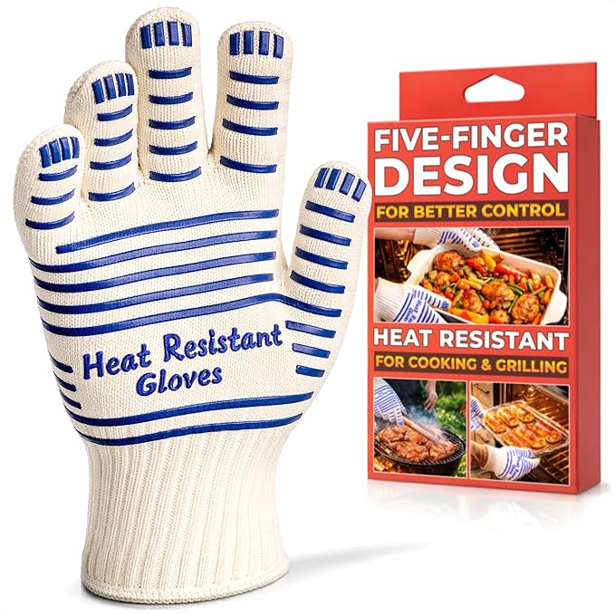 Heat Resistant Gloves - Aramid Oven Gloves with Fingers for Cooking & Grilling, Lightweight BBQ Gloves with Cotton Lining, Non-Slip 9.45x3.94 Kitchen Mitts for Baking & Frying, Kitchen Gift for Chefs