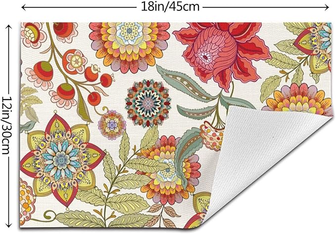 Boho Floral Placemats Set of 4, Flower Table Mats for Kitchen Dining Table, Colorful Decorative Place Mats Washable Linen Placemat 12"x18", Housewarming Gifts for New Home