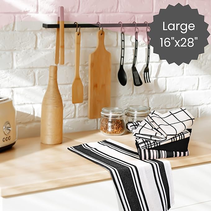 Cotton Clinic Assorted Kitchen Towels 5 Pack – Soft Absorbent Quick Drying Table & Kitchen Linen - Dish Towels, Dish Cloths, Tea Towel and Cleaning Towel with Hanging Loop – 16x28 / Black White