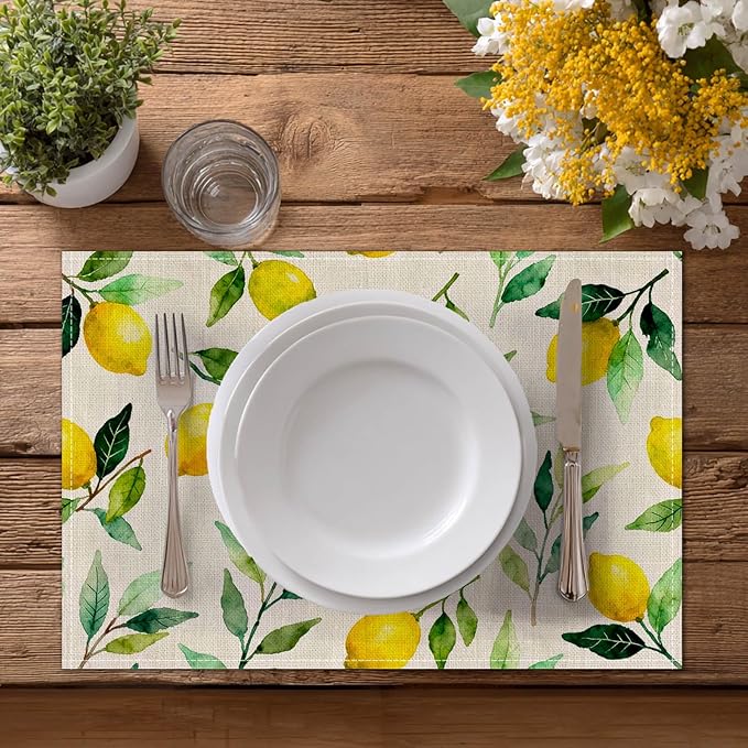HOMETITUTE Linen Placemats Set of 4 12x18 inch Spring Table Mats for Dining Table Lemon Pattern Farmhouse Decorations Kitchen Decor Desk Mat for Outdoor Home Party Kitchen Seasonal Dining Decor