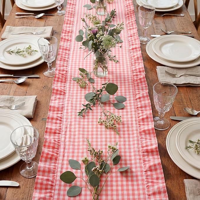HunnmingRe 1 Pcs Pink Plaid Gingham Ruffle Table Runner 118 x 13.8'' Farmhouse Table Runner 100% Cotton Scalloped Long Dresser Scarves for Dining Room, Wedding, Kitchen Rustic Home Decor