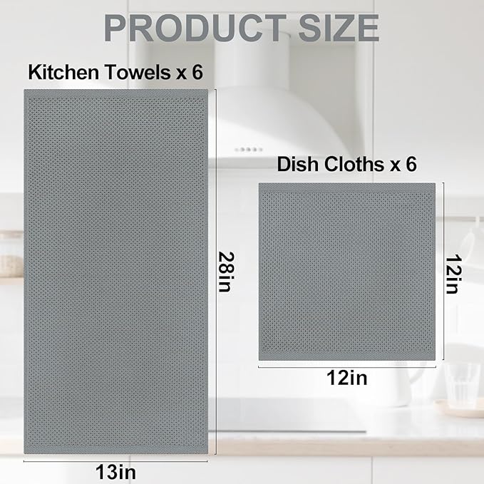 Homaxy 100% Cotton Kitchen Towels and Dishcloths Set, 12 x 12 Inches and 13 x 28 Inches, Set of 12 Bulk Kitchen Towels Set, Ultra Soft Absorbent Dish Cloths for Washing Dishes, Grey