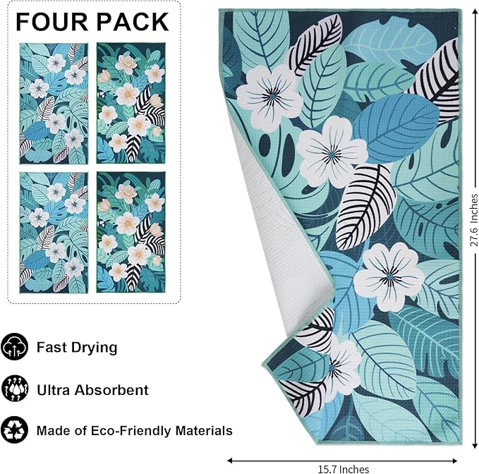 Waffle Kitchen Towels Set of 4 Pack 15.7" x 27.6" Quick Dry Microfiber Tea Dish Towel with Hanging Loop, Ultra Absorbent Reusable Cleaning Dishcloths, Decorative Hand Towels Housewarming Gifts