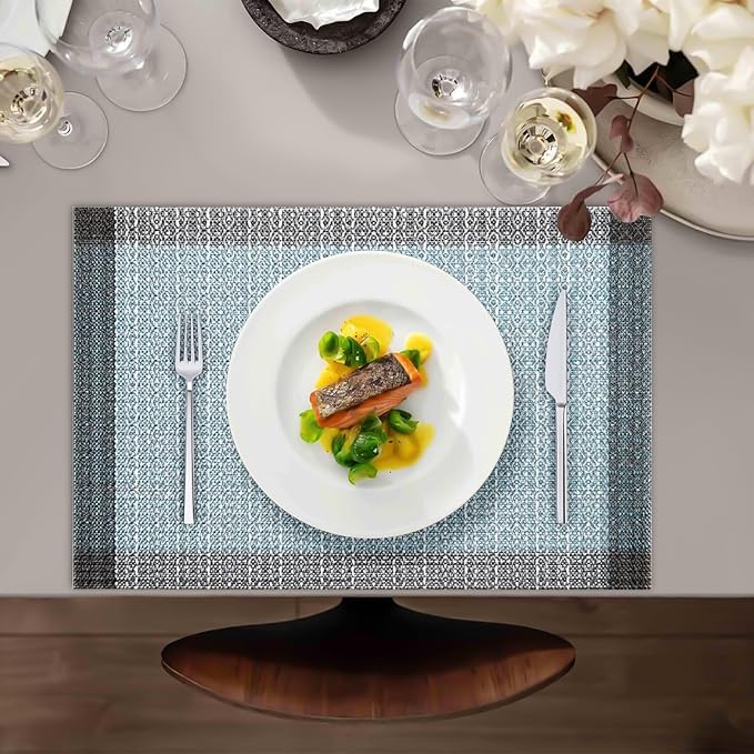 Blue Grey Placemats Set of 4, 12x18 Inch Heat-Resistant Washable Easy to Clean Place Mats, Faux Linen Cloth Table Mats Suitable for Indoor/Outdoor Parties & Kitchen Decor (Blue Grey)