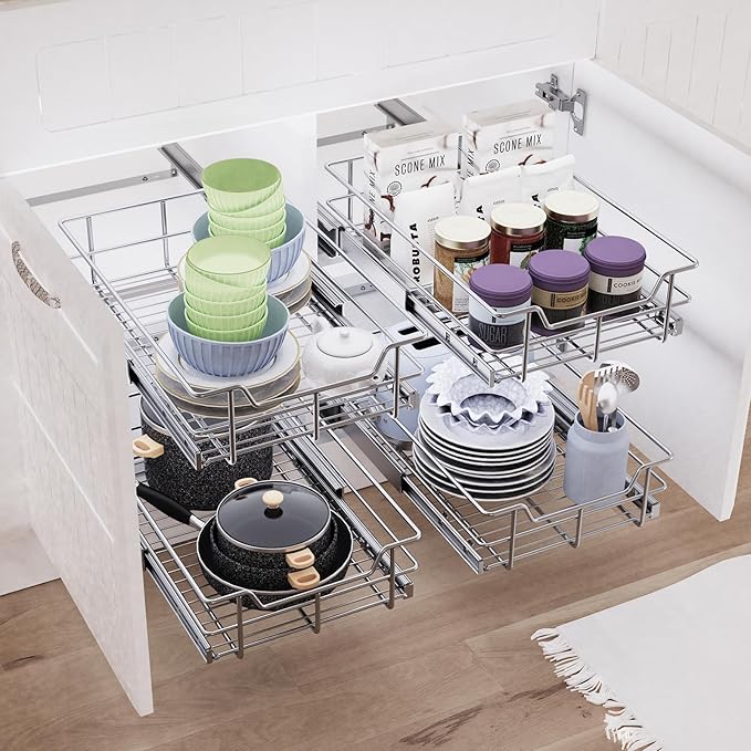 Pull Out Cabinet Organizer 14" W X 17" D, Slide Out Drawers For Kitchen Organizers and Storage, Pull Out Drawers For Cabinets Capacity Heavy Duty Caddy, Cabinet Shelves Chrome-Plated, Bathroom Pantry