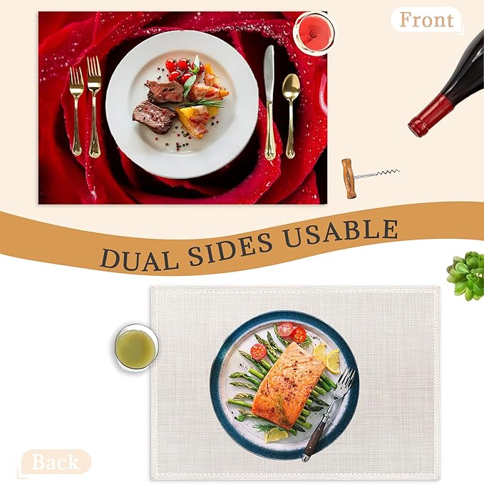 Red Rose Placemats Set of 6,Washable Heat Resistant 12×18 Inch Linen Table Mats Magic Place Mats for Party Outdoor Dining Décor