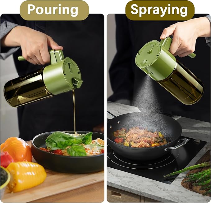 Glass 2 In 1 Olive Oil Dispenser Bottle for Kitchen Gadgets, Olive Oil Sprayer for Cooking 17oz/500ml (Light Blockage, Green)