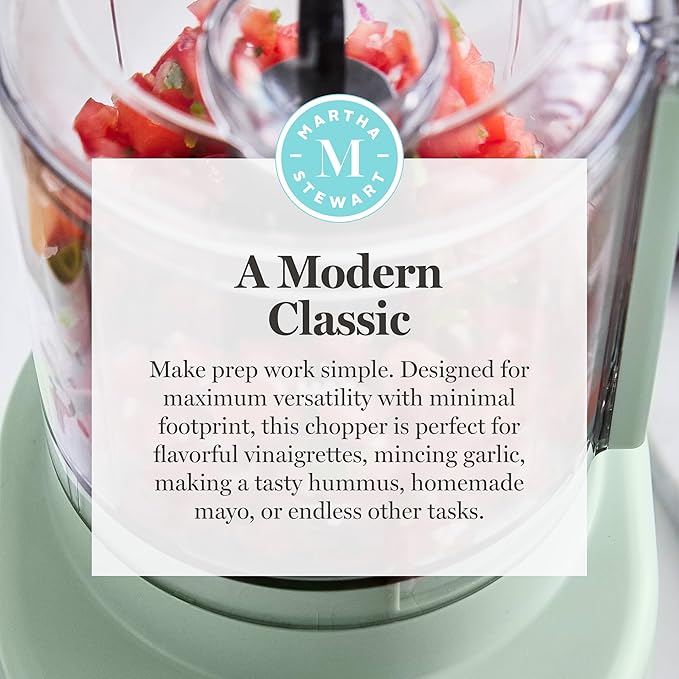 Martha Stewart 3 Cup Food Processor, Electric Vegetable Chopper, Stainless Steel Blades, 24oz BPA-Free Bowl, Pour Spout, Dicing, Mincing, Chop & Puree, Dishwasher Safe, Oil Chute, Easy-Clean, Honeydew