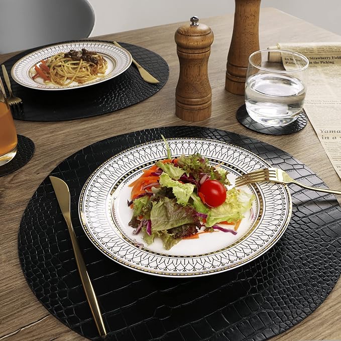 Round Leather Placemats for Round Tables Set of 4, Black Place Mats and Coasters, Washable Easy to Care for Indoor Decor 13" Diameter