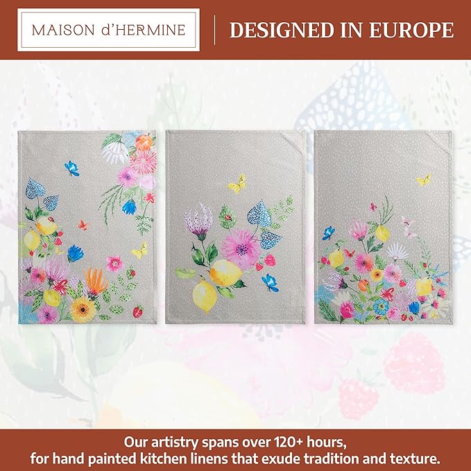 Maison d' Hermine Kitchen Towels Set of 3 100% Cotton 27.50" x 20" Reusable Cloth Tea Dish Towels Absorbent with Hanging Loop for Kitchen Gifts for Mothers Day Spring/Summer (Jardin D'Ete - Fog)