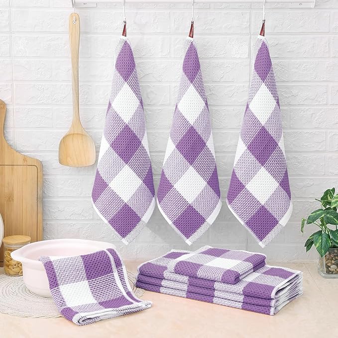 Homaxy Kitchen Towels and Dishcloths Set, 12 x 12 and 13 x 28 Inches, Set of 8 Bulk Cotton Waffle Weave Check Plaid Kitchen Towels, Super Soft and Absorbent Dish Towel, White & Purple