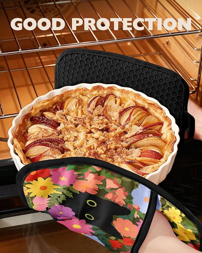 Slohif Cute Silicone Oven Mitts Heat Resistant for Women,Black Cat 100% Cotton Long Oven Mittens Gloves, Non-Slip Thick Kitchen Oven Mits Set with Hanger for Baking and Cooking Gifts