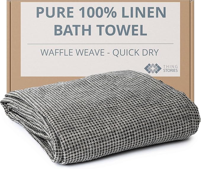 Pure 100% Linen Bath Towel - Quick Dry Towels for Travel Lightweight Waffle Towels for Bathroom 30 x 60-inch - Luxury Black-Natural Thin Hair Towel for Gym or Sauna - Sustainable Bath Sheet