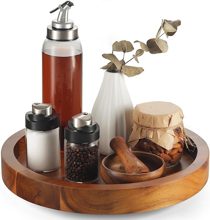 TIDTIA 13" Acacia Wood Lazy Susan Organizer for Cabinet - Round Lazy Susans Turntable for Countertop - Wooden Kitchen Rotating Storage Food Bin Container for Centerpiece Table, Spices, Pantry