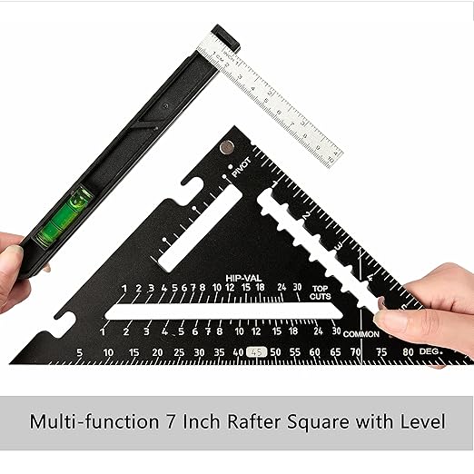 Beslands 7 inch Rafter Square with Level, Aluminum Metal Triangle Ruler Carpenter Square Woodworking Layout Tool Aluminum Triangle Tool Stainless Steel Ruler (Black)