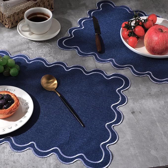 HunnmingRe Set of 6 Cotton Linen Placemats, 13x19 Inch Scalloped Wavy Embroidery Placemat Double Layered Washable Rustic Rectangle Dinner Table Mats for Wedding Home Decor(Navy Blue with White)