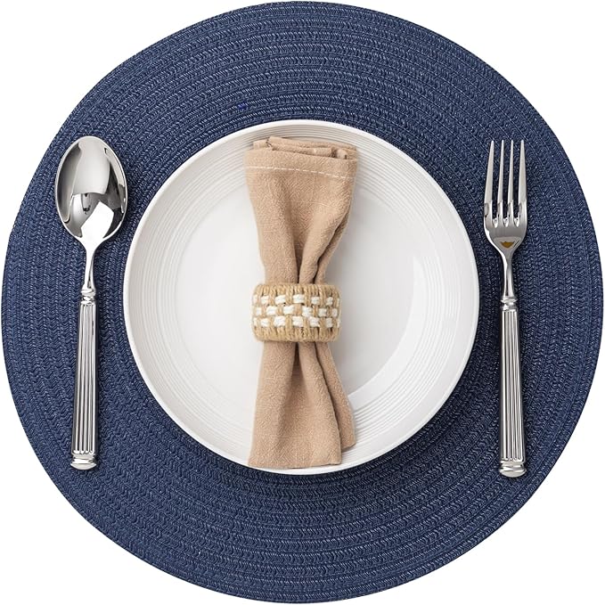 Round Placemats Set of 4 Woven Placemats Washable Braided Table Mats for Dining Table Heat Resistant Non-Slip Circle Place Mats(Navy Blue)