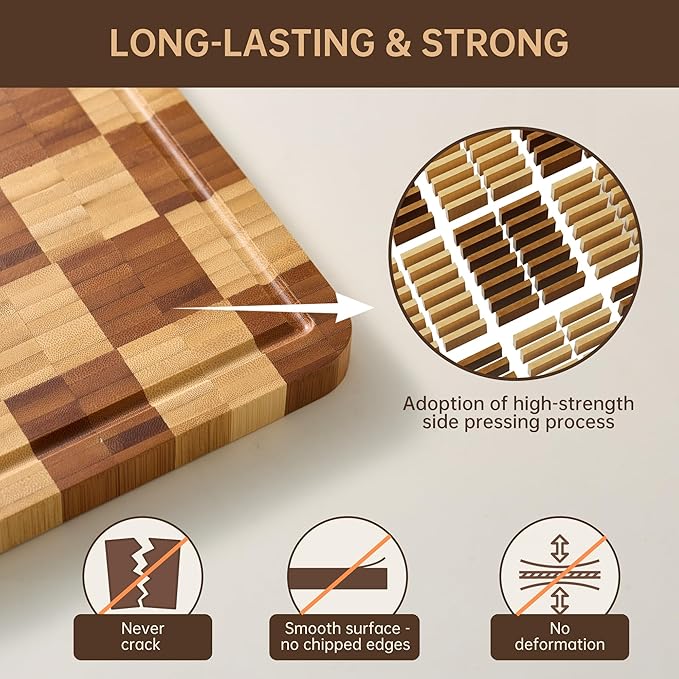 Bamboo Cutting Boards for Kitchen, End Grain Wood Cutting Board with Juice Grooves & Handles, Charcuterie Checkered Chopping Board Thick Butcher Block Serving Tray with Gift Box, 16.5"×11.6"× 1"